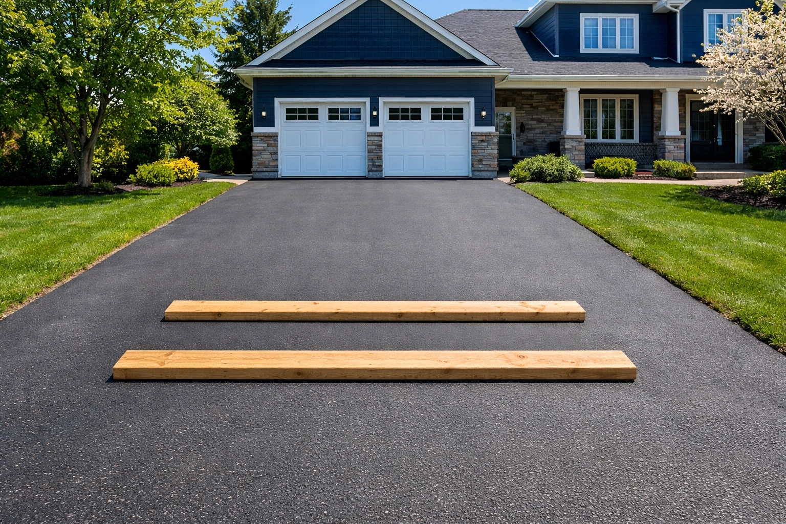 Clear North York driveway with wooden planks ready for a safe residential bin rental and junk removal project.