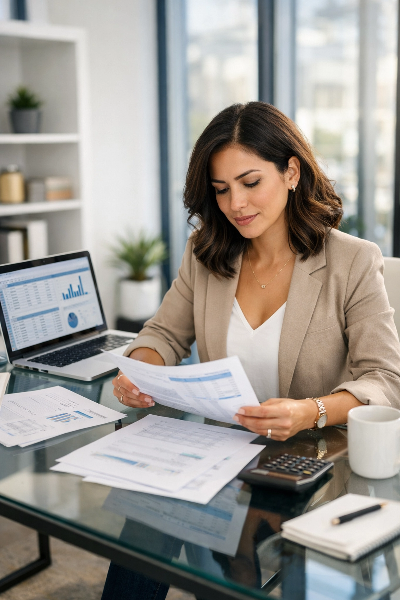 Small business owner analyzing financial documents for tax planning and AMT liability assessment