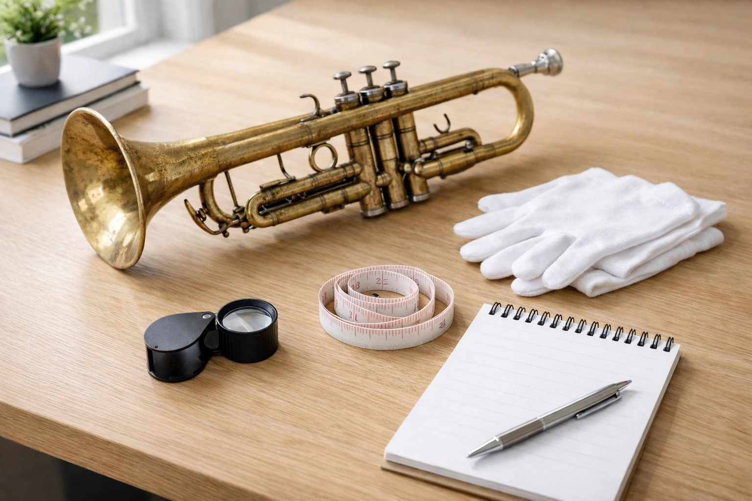 Professional vintage instrument appraisal workspace with trumpet, loupe, and valuation tools