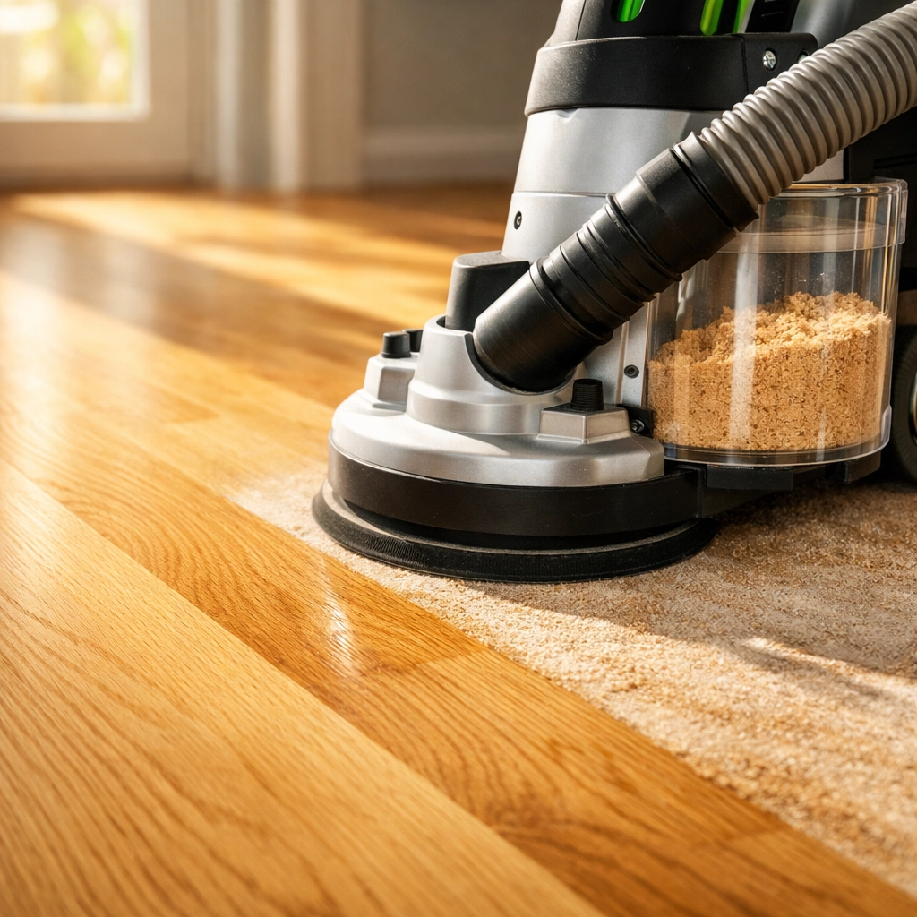 Dustless floor sanding machine with vacuum system refinishing oak hardwood in Chicago home