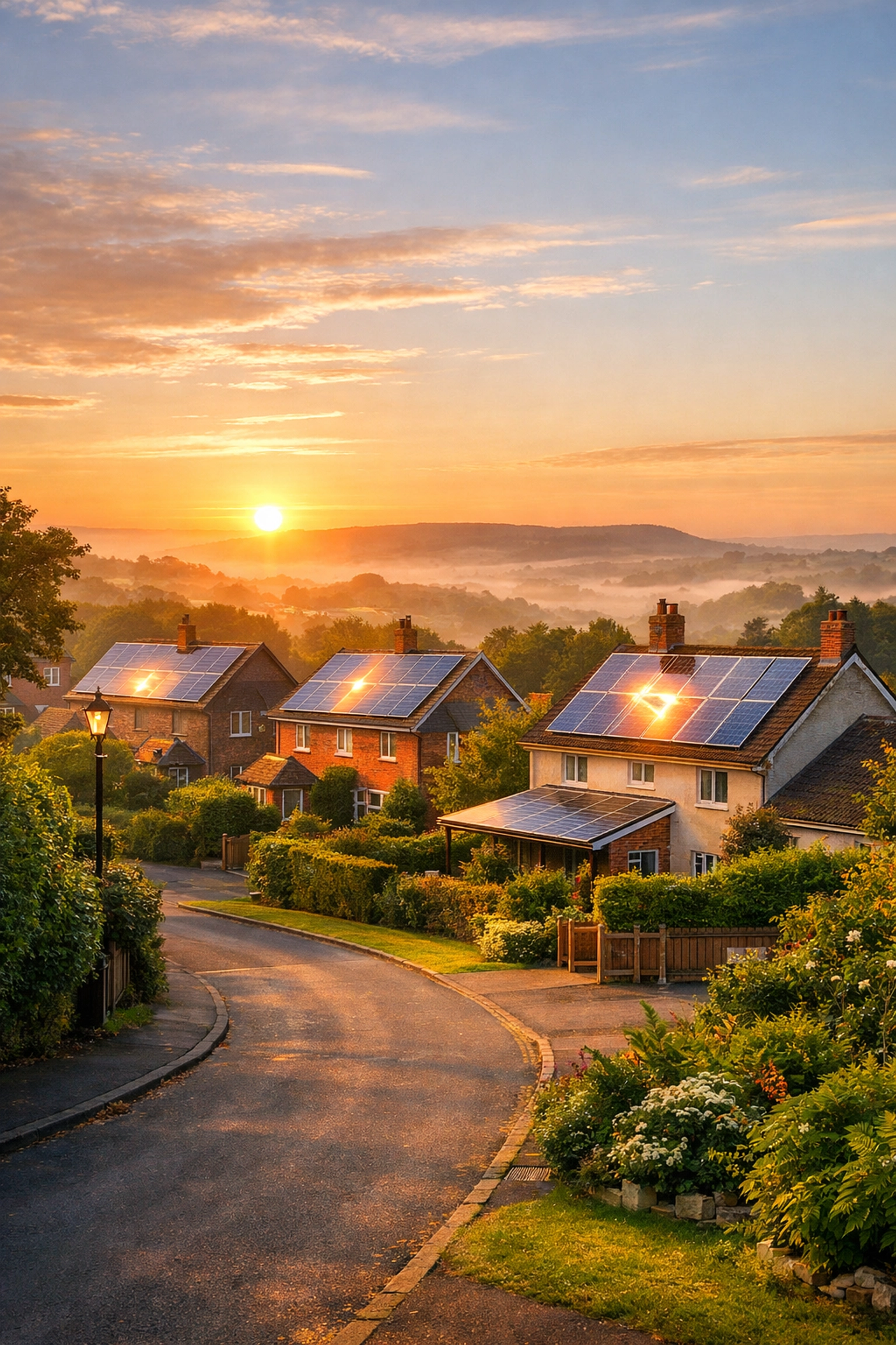 Sunrise over a sustainable Dorset neighborhood featuring residential solar panels for a green future.