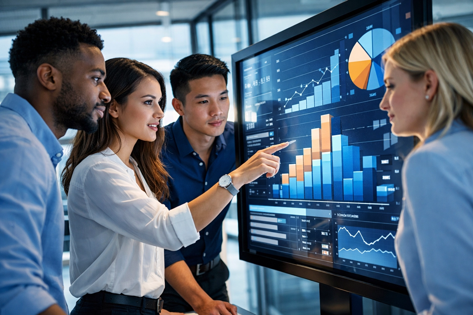Fortune 100 team analyzing data visualizations on interactive dashboard in corporate conference room