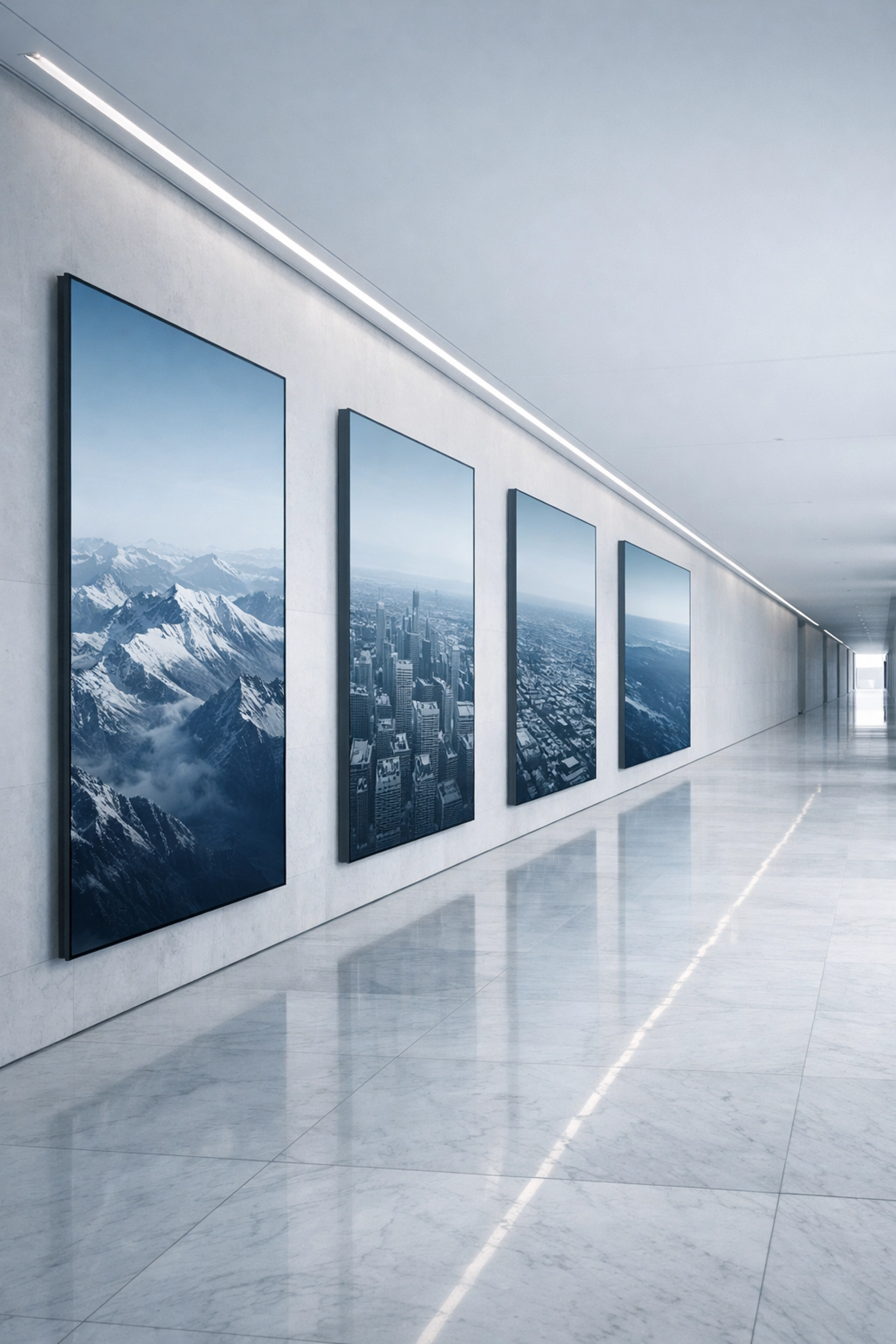 Sleek institutional corridor with digital displays of global landscapes, symbolizing scalable global connectivity.