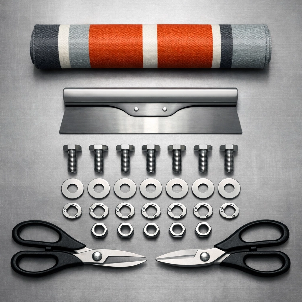 Professional furniture restoration tools and custom fabric slings on an industrial workbench.