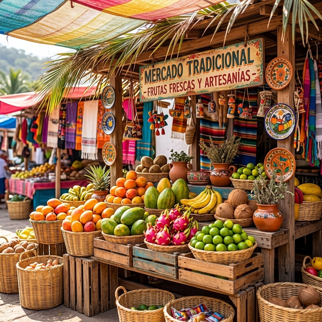 A vibrant and colorful stall at a Mexican traditional market with fresh tropical fruits