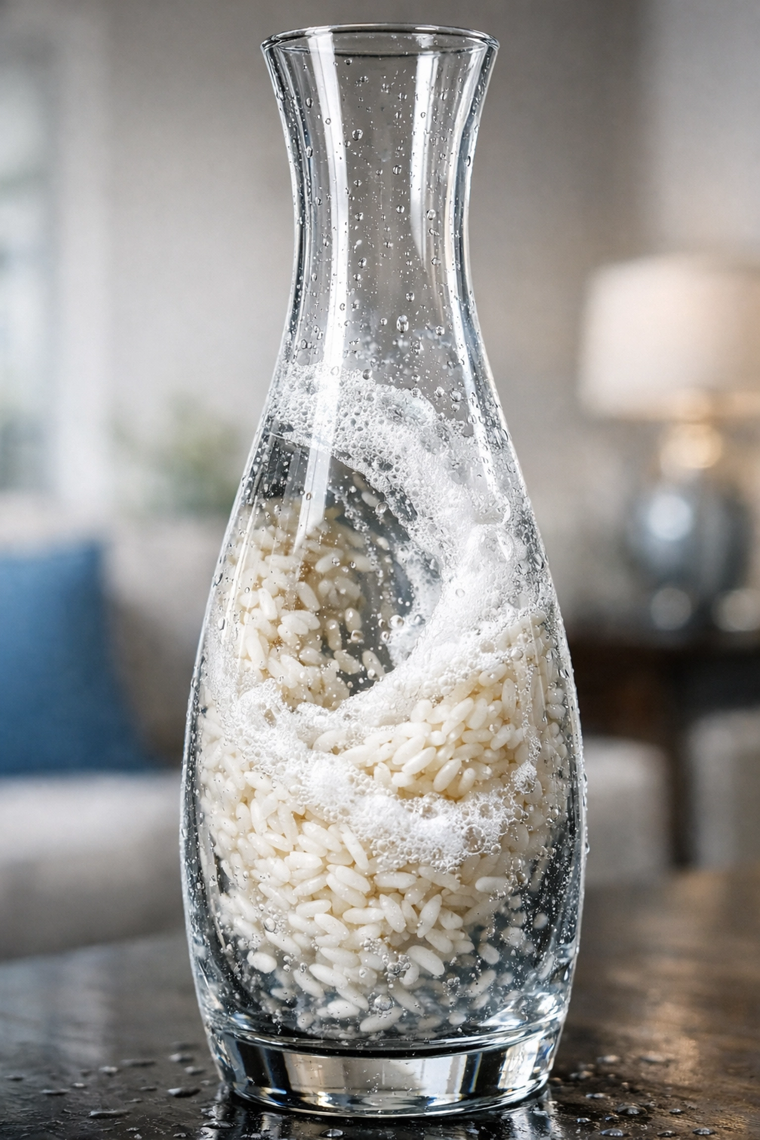 Scrubbing a narrow glass vase using the rice hack method with soapy water and uncooked rice grains.