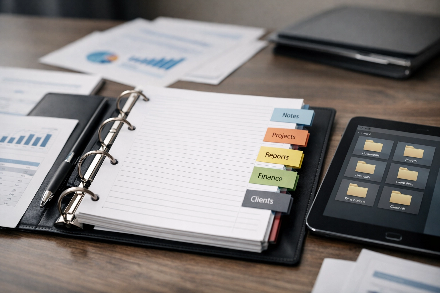Business documents organized in binders for selling a small business in North Carolina