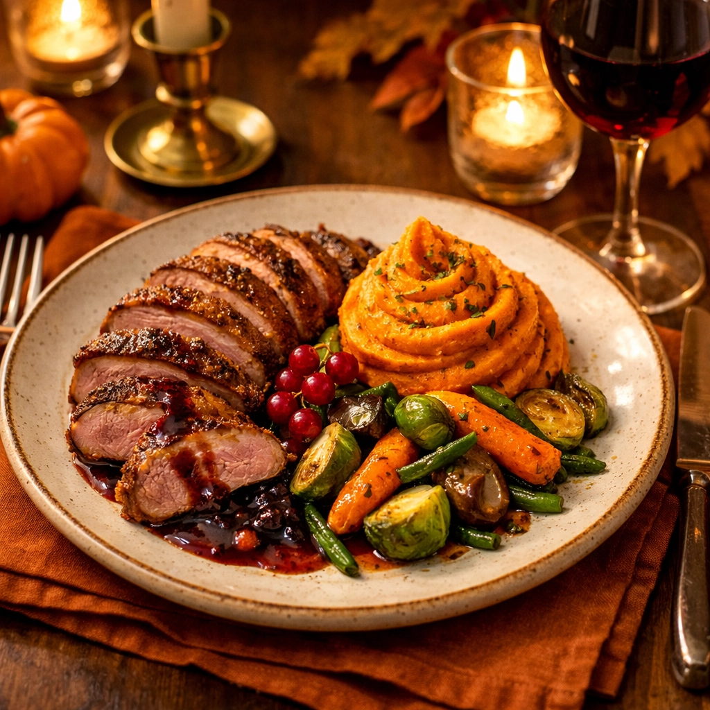 Elegant plated dinner featuring duck breast with whipped sweet potatoes and vegetables