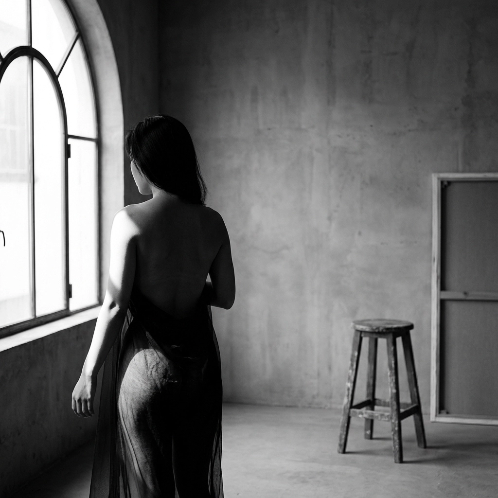 Erotic nude photography using dramatic chiaroscuro lighting to highlight the artistic female form.