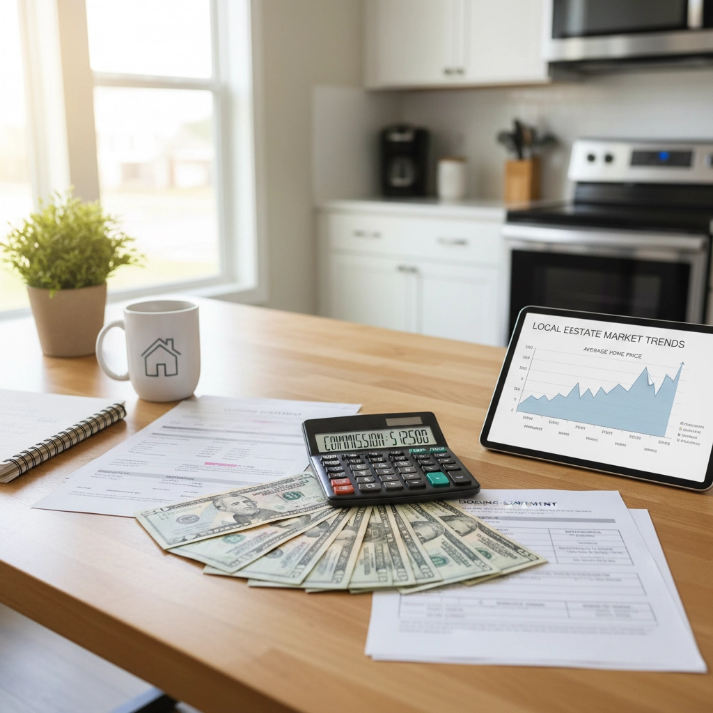 A kitchen table setup with cash, documents, a calculator displaying commission savings, and a tablet showing local estate market trends, representing the financial aspects of selling a home in Durham.