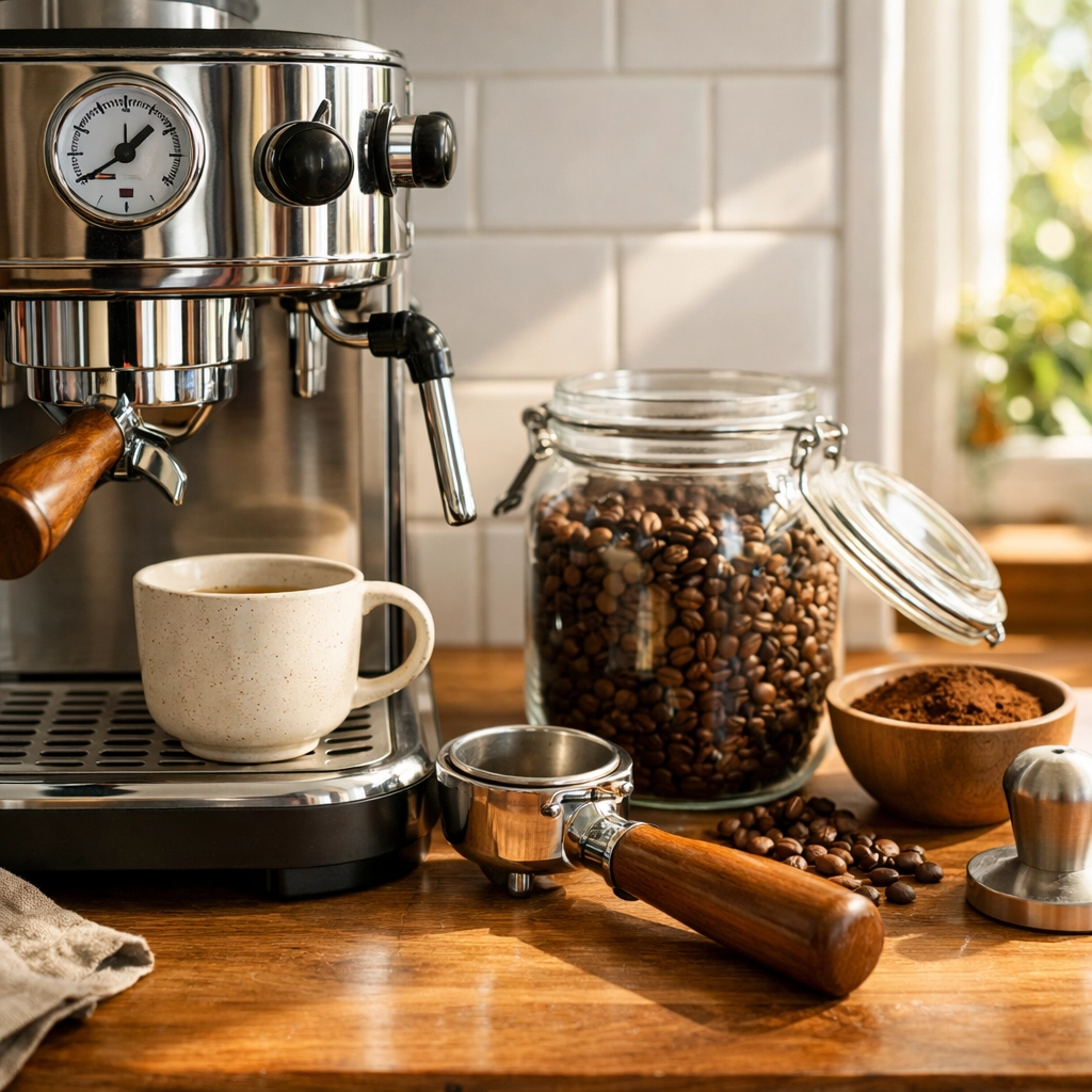 Modern home espresso machine setup on kitchen counter with coffee beans