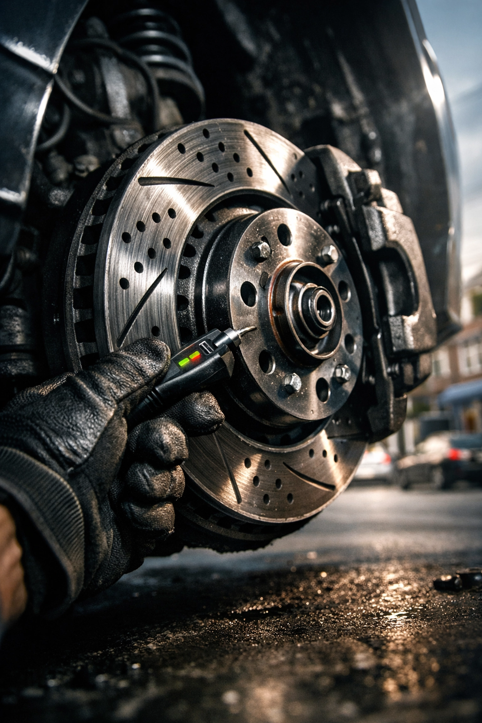 Expert technician performing a brake inspection and repair on a car in a residential neighborhood.
