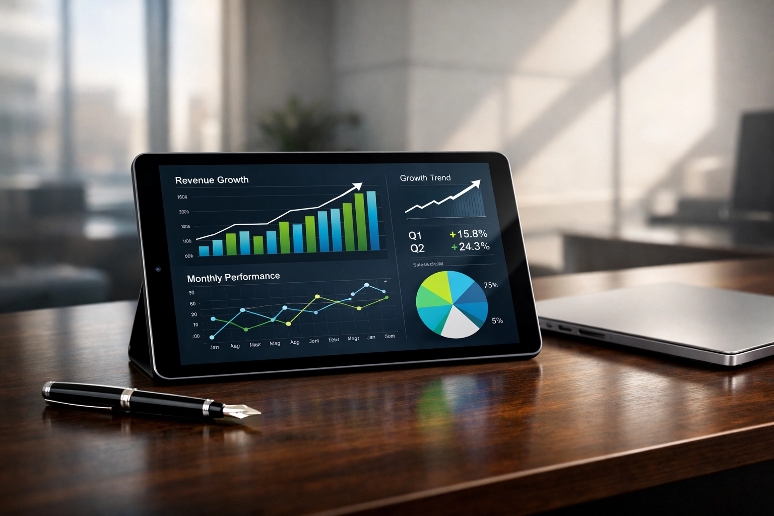 Professional workspace with financial growth charts used for valuing a North Carolina pest control business.