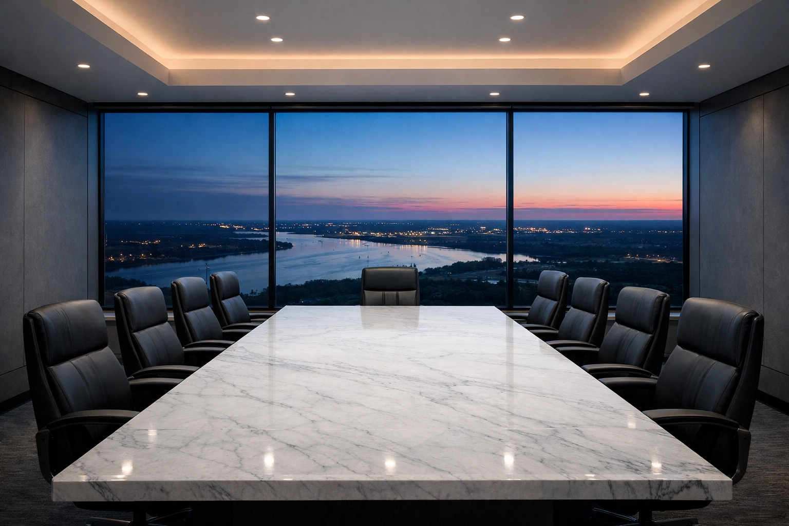 Modern boardroom overlooking the Mississippi horizon representing a confidential and strategic business sale process.