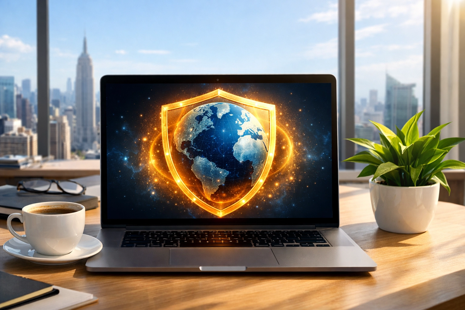Laptop with a protected global map symbolizing data privacy and security in international advertising.