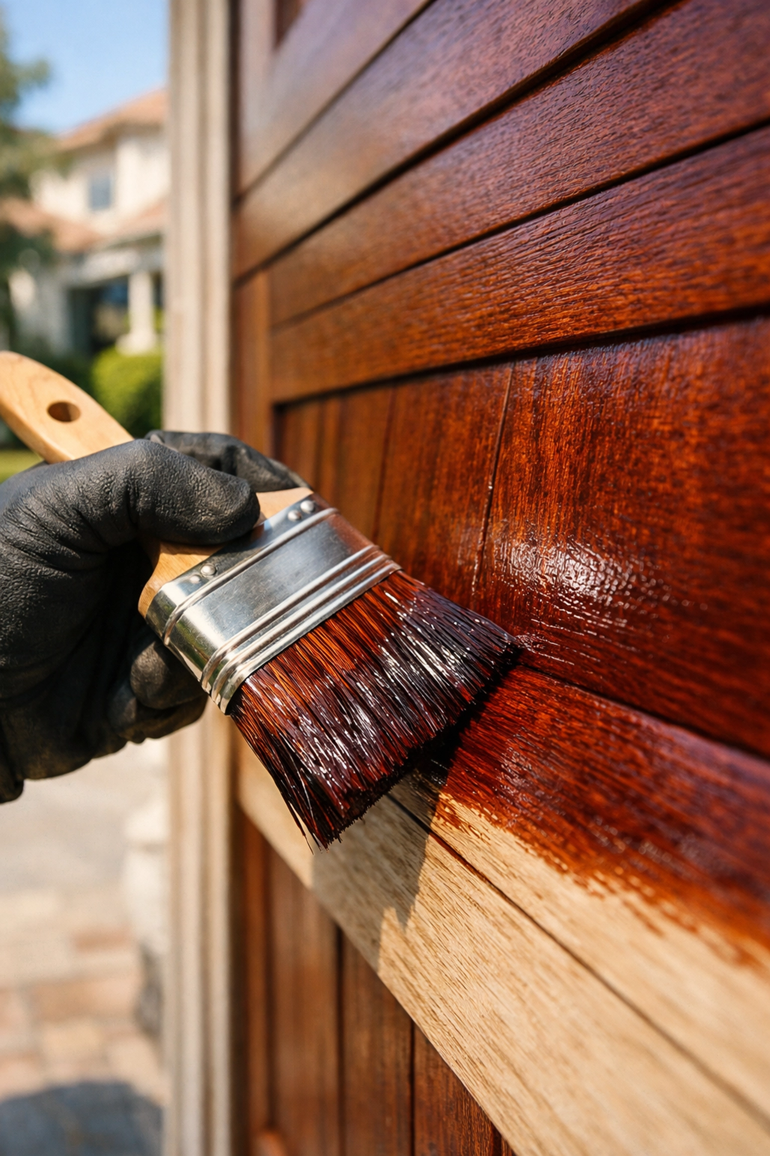 Expert application of mahogany wood stain onto a residential garage door for exterior restoration.