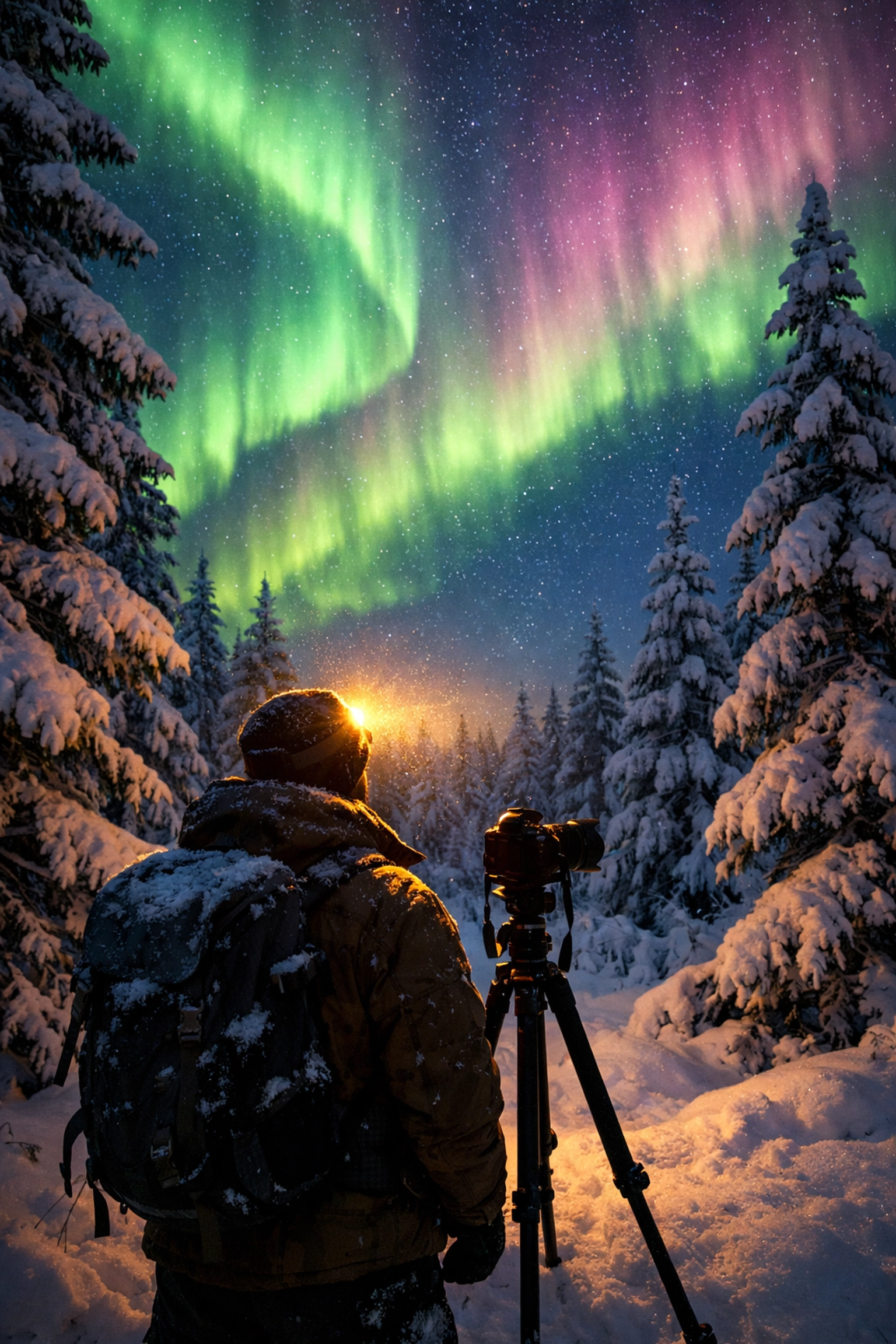 The Photographer's Guide to Northern Lights Locations in 2026 3 Photographer capturing northern lights in snow-covered Finnish forest at night