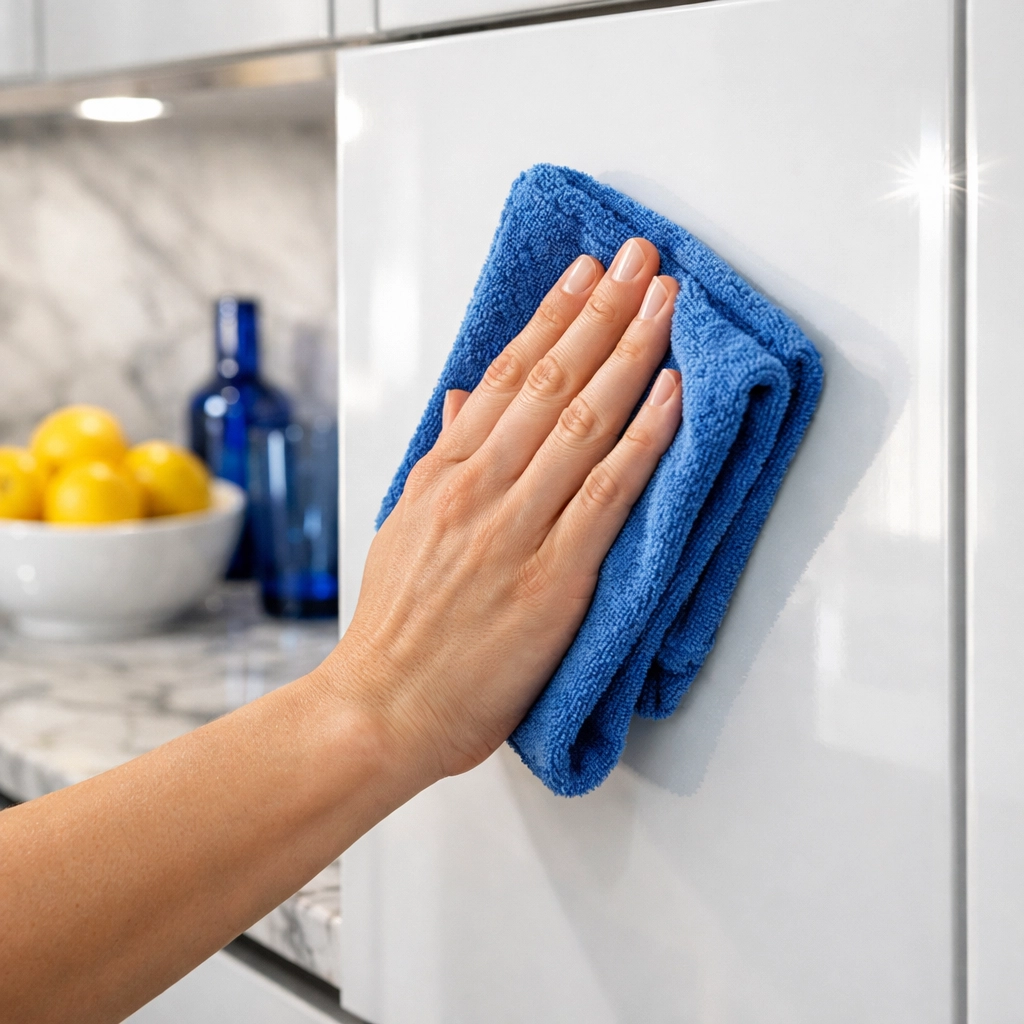 Wiping white kitchen cabinets with a microfiber cloth during a professional post-construction deep clean.