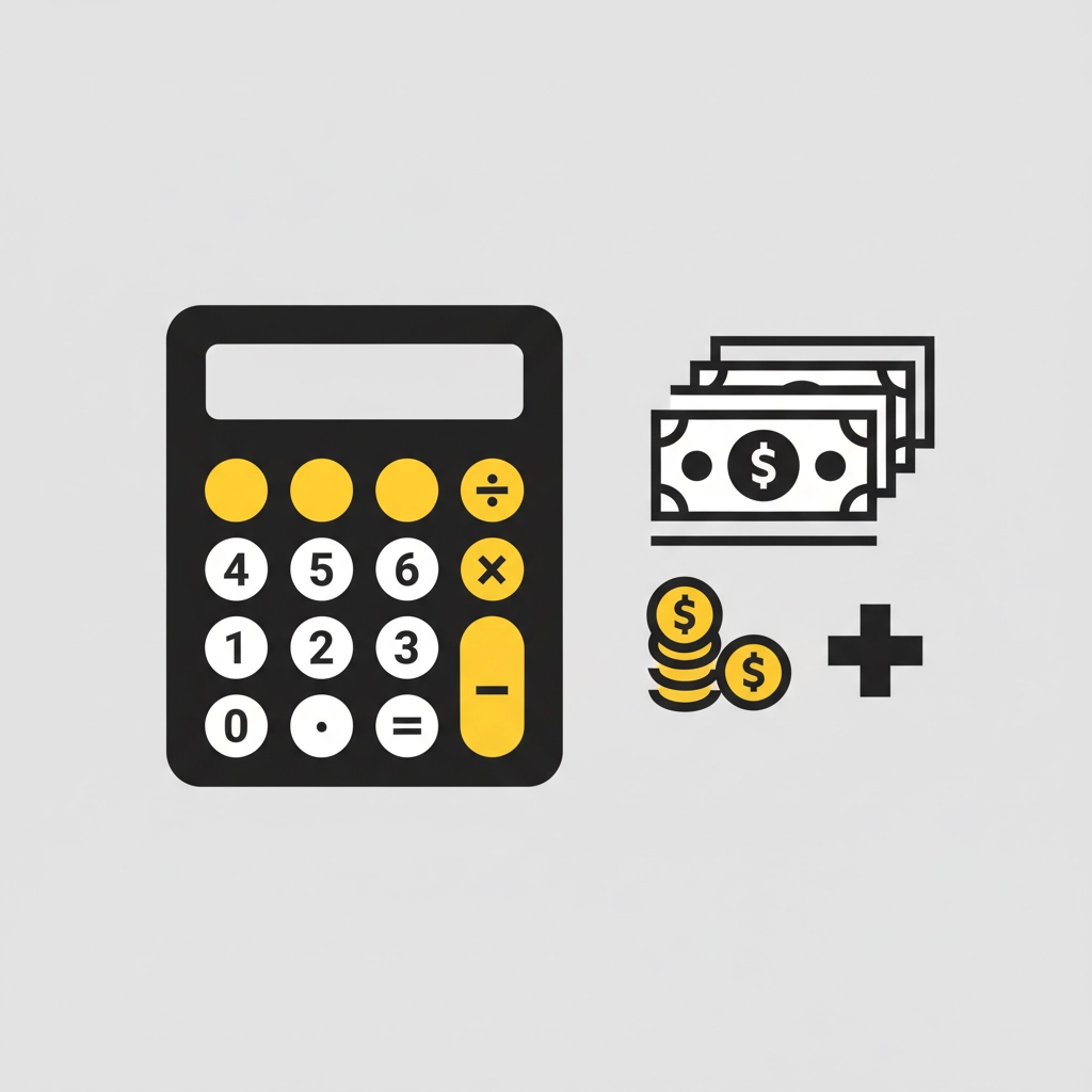 Calculator with yellow buttons, money bills, and coins on a gray background, suggesting finance or budgeting.