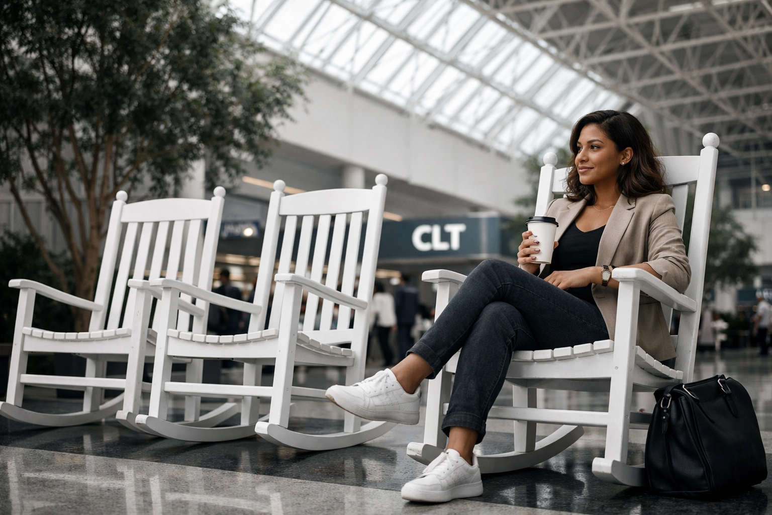 Passenger relaxing in the iconic white rocking chairs at the Charlotte Douglas CLT Atrium.