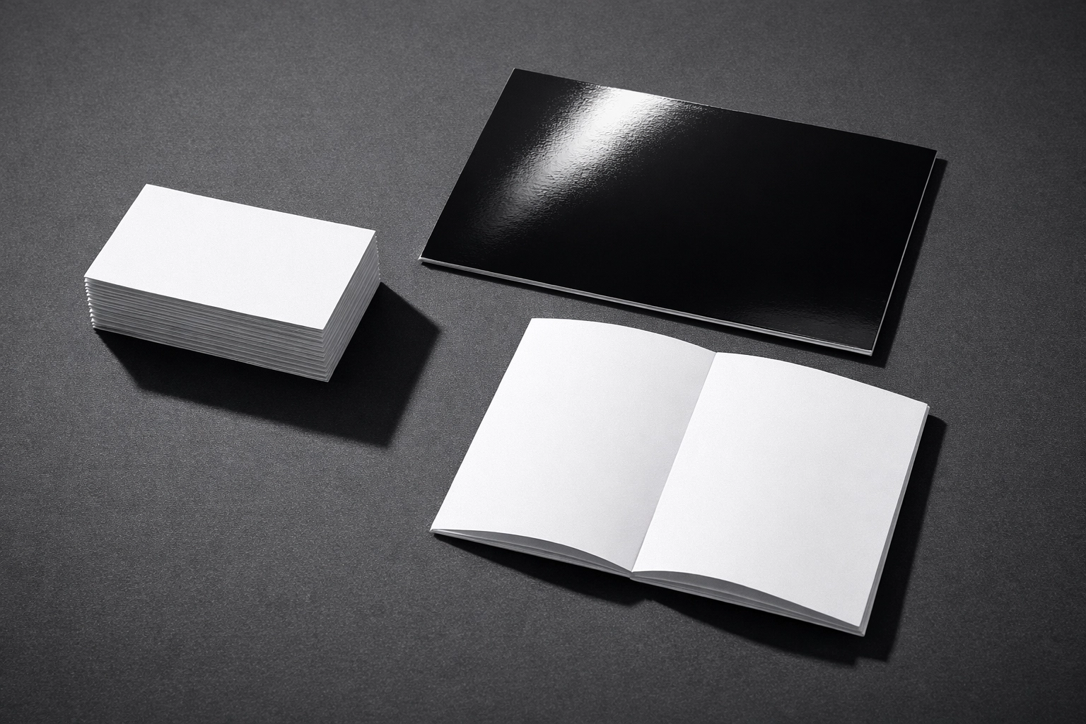 Premium business cards, postcards, and marketing flyers showcasing high-quality custom print marketing materials.