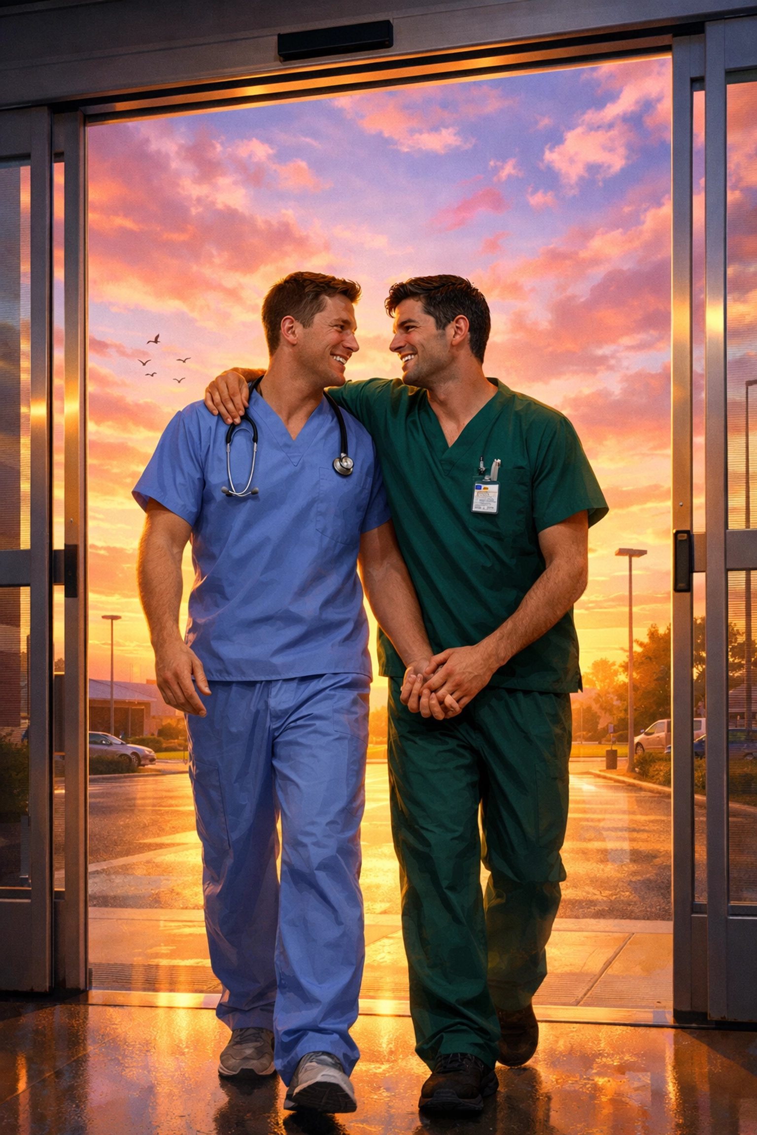 Gay healthcare workers holding hands after a long shift, a heartfelt scene from the best MM romance books of 2026.