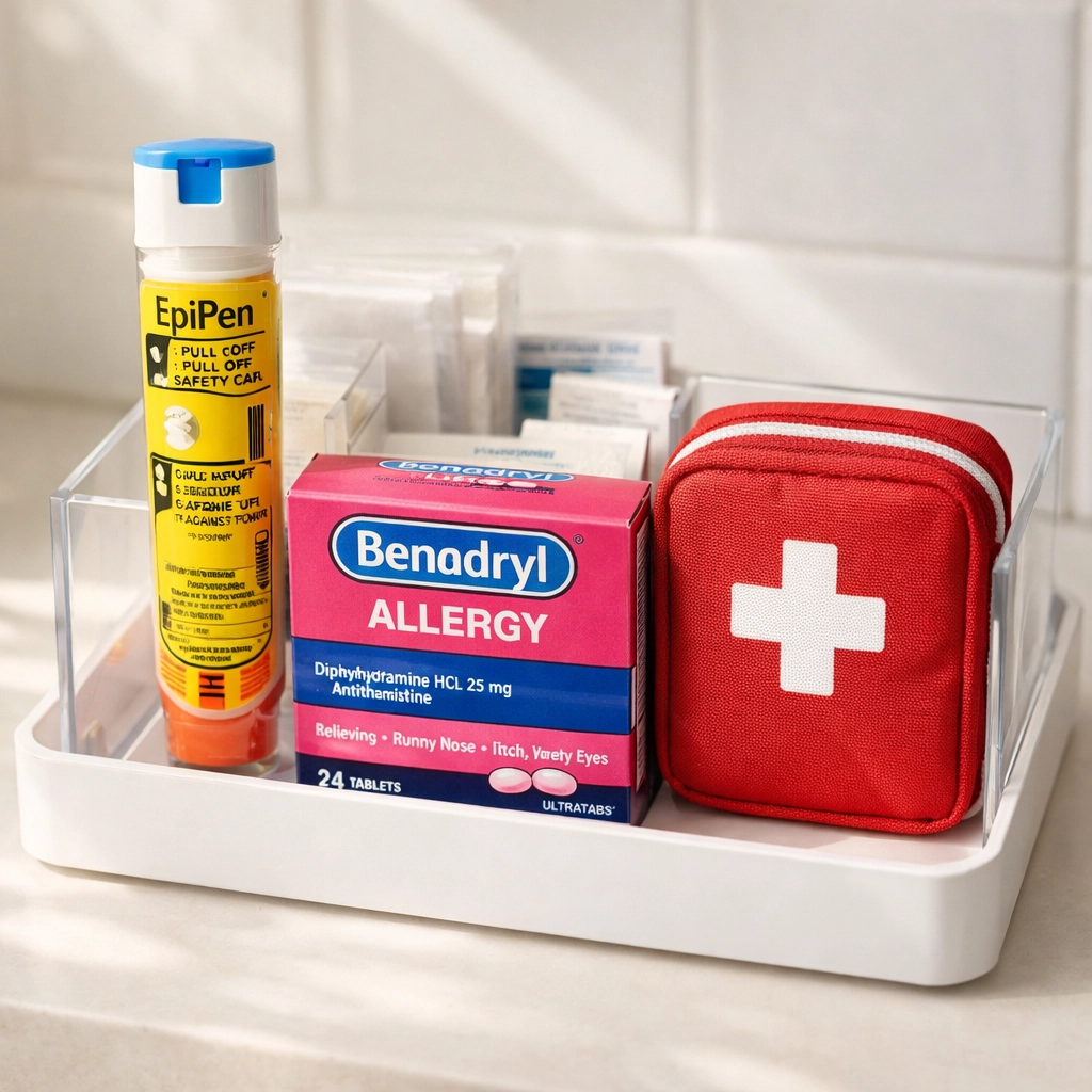 Emergency supplies including EpiPen and Benadryl for safe bee venom therapy