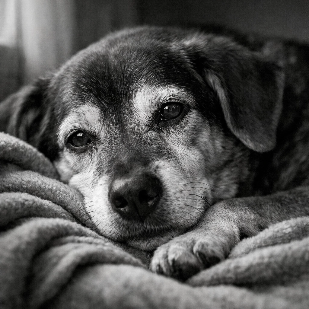 A calm senior dog rescue pup with a gray muzzle resting peacefully on a rug.