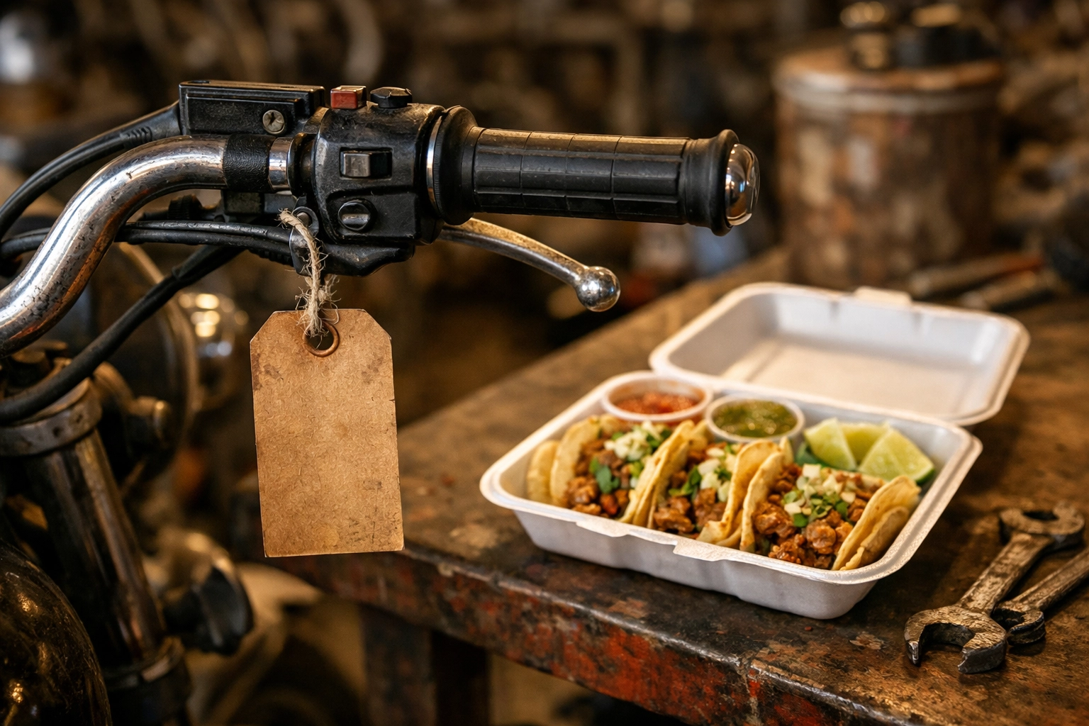 A sold tag on a motorcycle handlebar with a taco tray nearby after a fast salvage sale.
