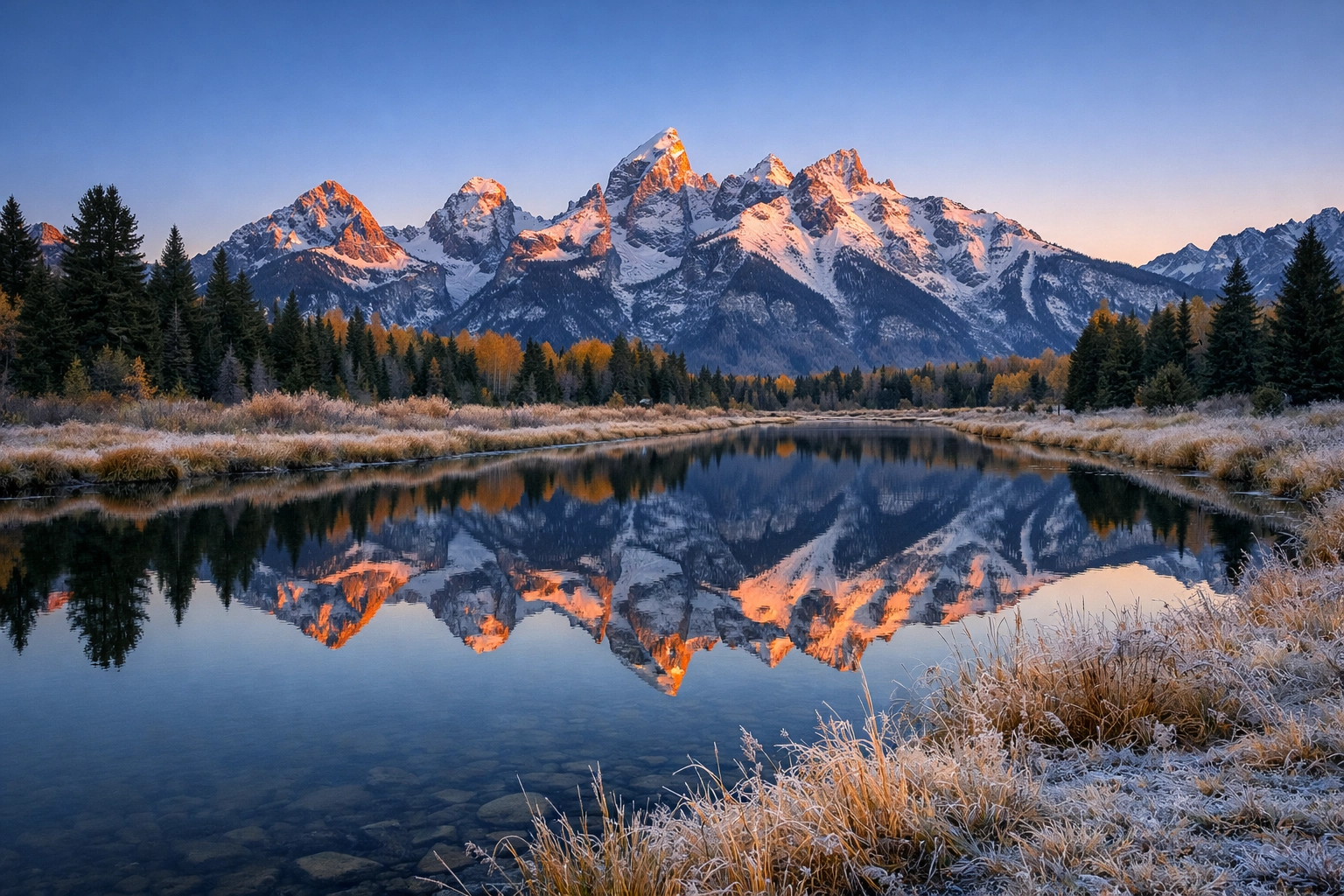 Sunrise reflections of the Grand Teton mountain range at the Schwabacher Landing photography spot.