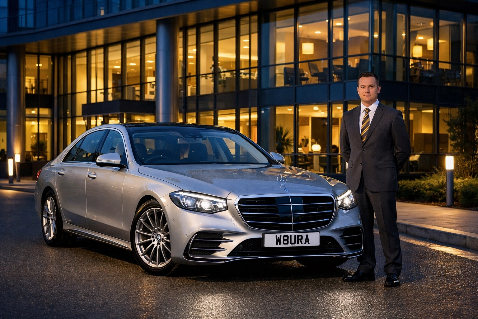 Professional chauffeur hire Nottingham with a luxury Mercedes-Benz outside a corporate office at dusk.