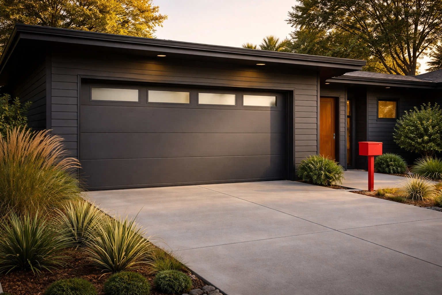 Modern home exterior with new insulated garage door and minimalist landscaping, boosting curb appeal and ROI in real estate.