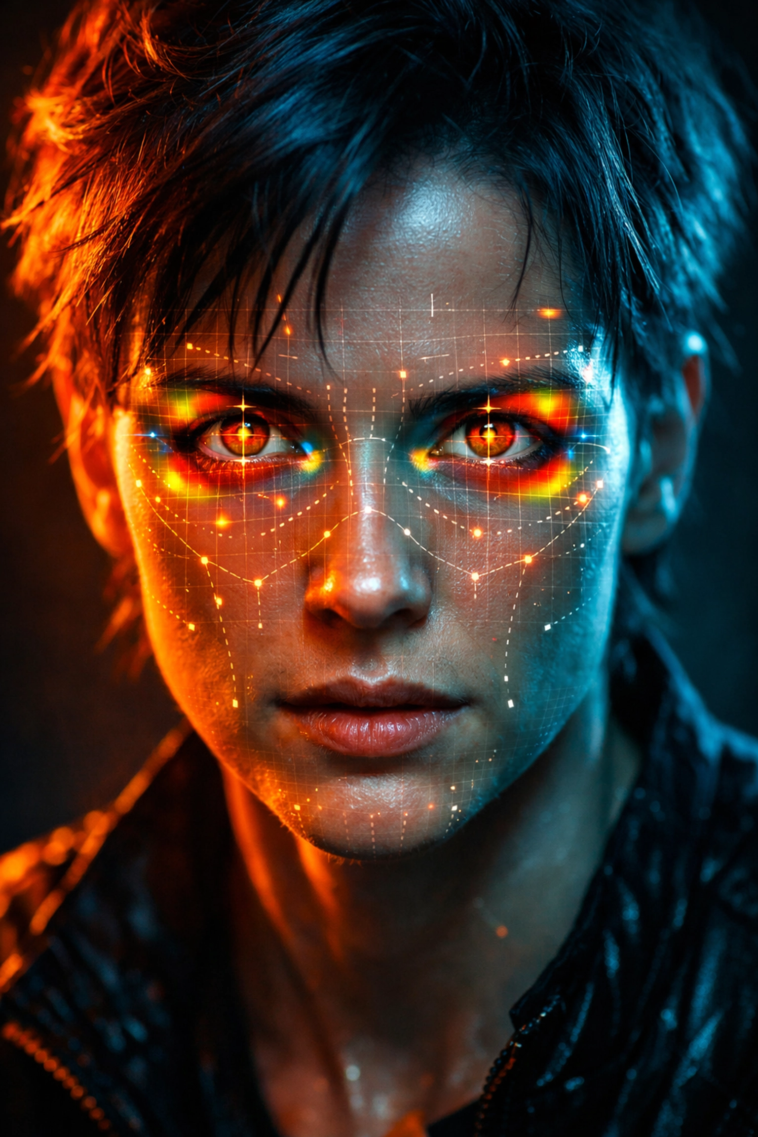 Person making direct eye contact with digital heatmap overlays to demonstrate AI-driven thumbnail optimization.