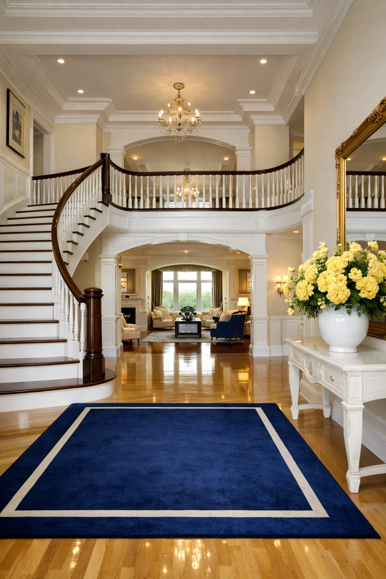Grand foyer of a Massachusetts estate showcasing polished floors from professional residential cleaning services.