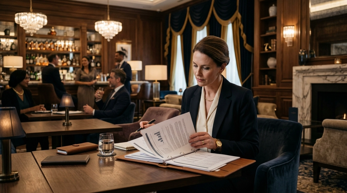 Executive hospitality professional in a premium hotel lounge representing certification, training, and career advancement in luxury hospitality, inspired by Marriott, Hilton, or Radisson, with no visible text or logos.