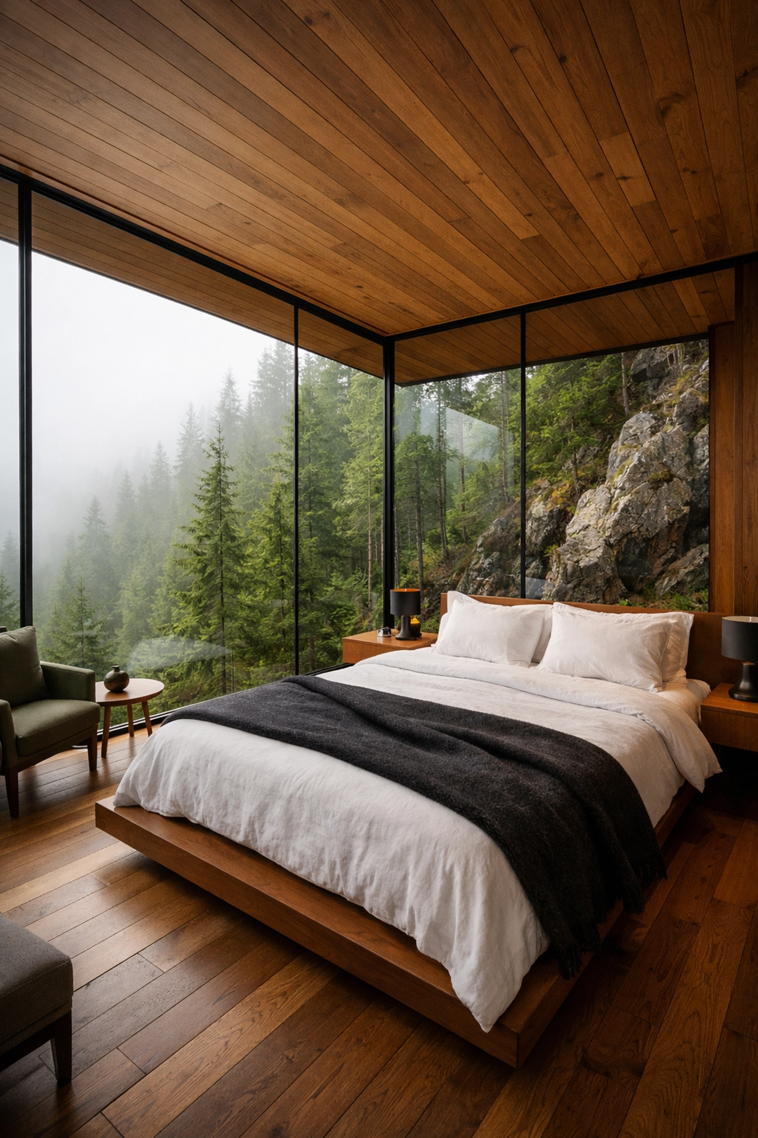 Luxury glass-and-cedar suite overlooking a misty pine forest, designed for deep restoration and nature immersion.