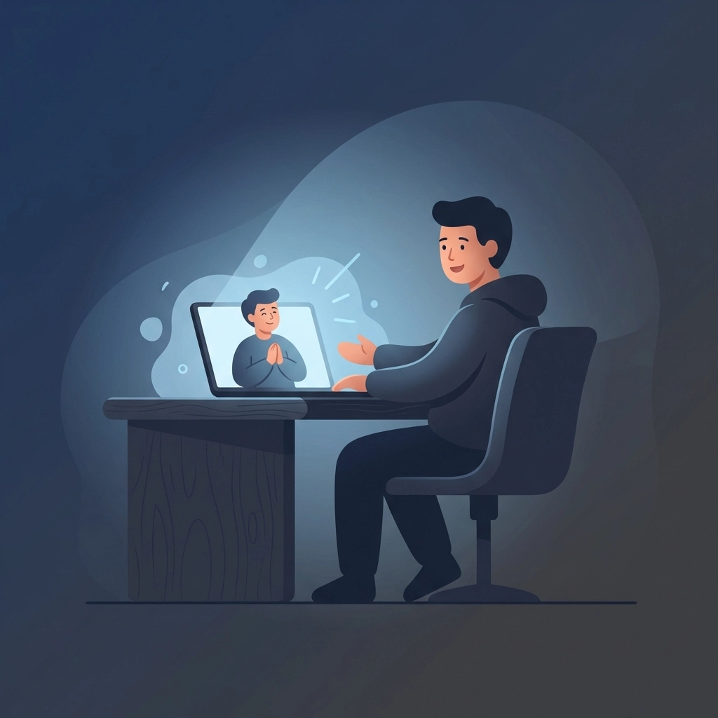 Illustration showing an affiliate marketer genuinely helping someone online, highlighting authenticity and trust in marketing.