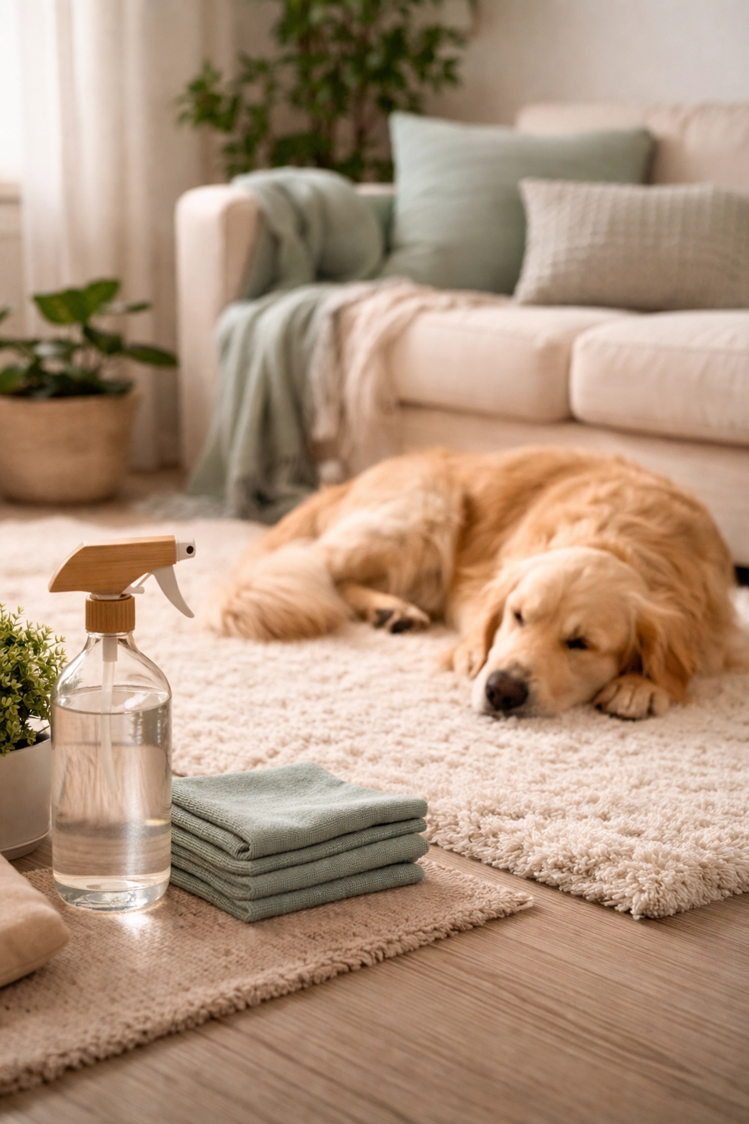 Golden retriever relaxing in a cozy living room with pet-friendly, sustainable cleaning items in the foreground