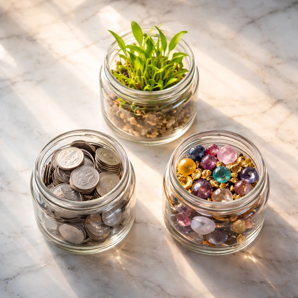 Three containers with plant shoots, coins, and gems symbolize growth, stability, and alternatives in diversified portfolios