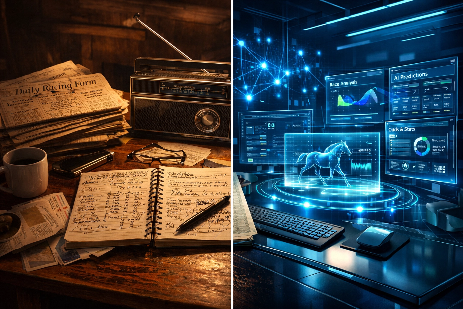 Comparison of traditional manual sports handicapping with modern AI-driven sports prediction technology.