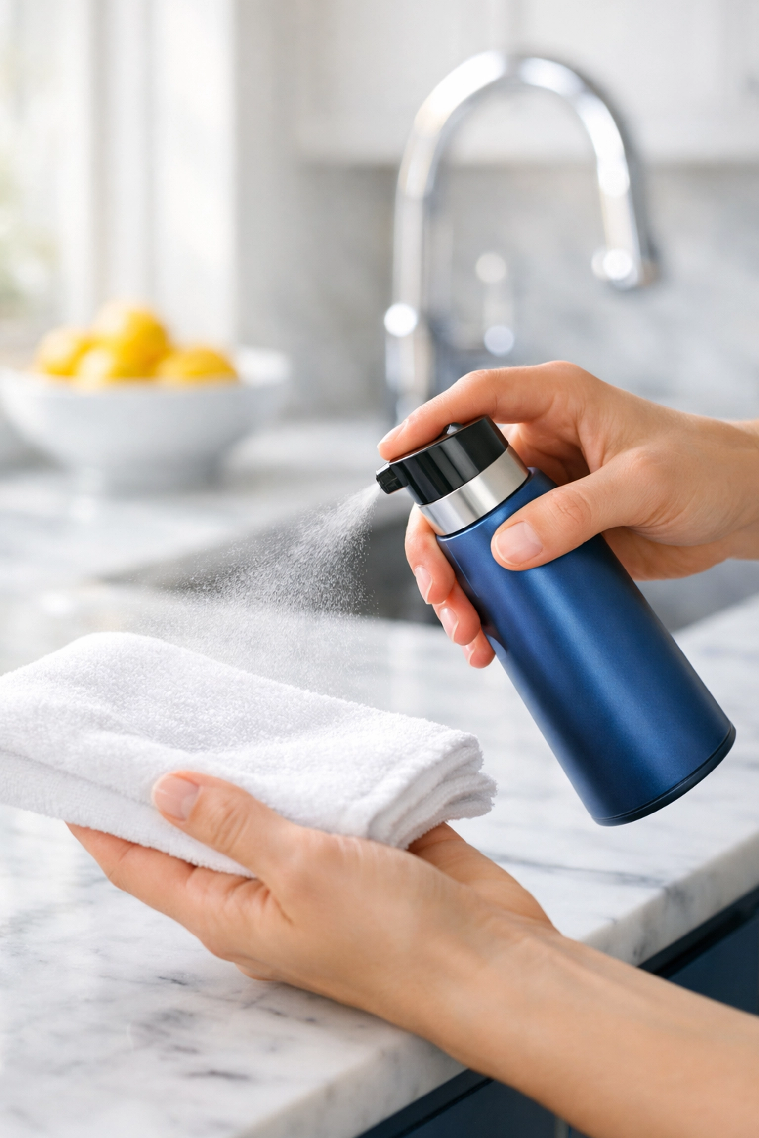 Applying a light mist of cleaning solution to a microfiber cloth for House Cleaning Townsend MA.