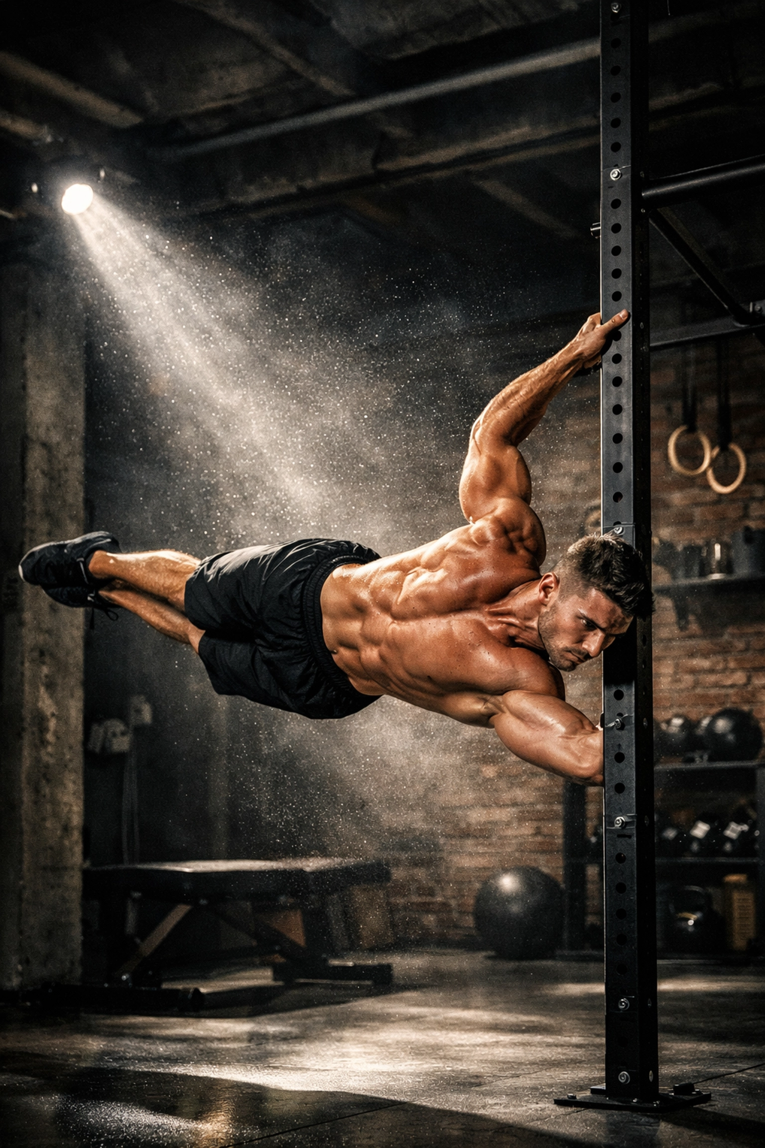 Athlete performing advanced calisthenics moves on a sturdy floor-to-ceiling home gym rail.