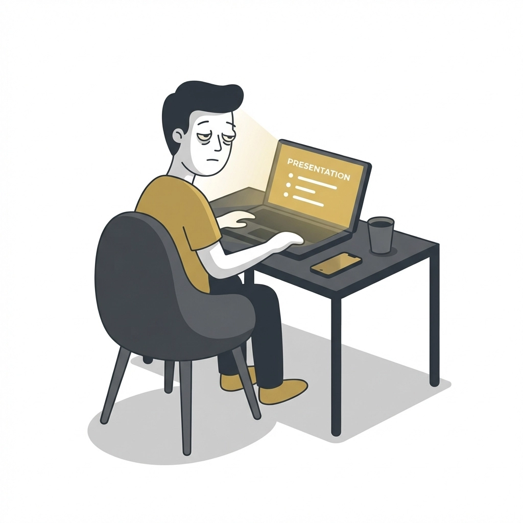 A bored attendee sits at a desk, disengaged during a traditional webinar, highlighting virtual meeting software challenges.