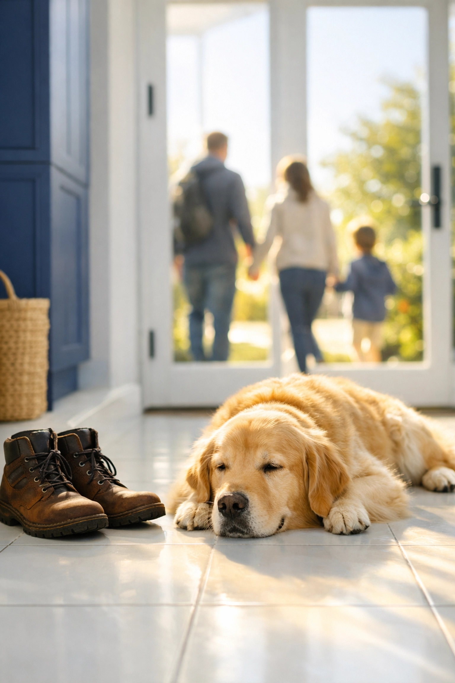A content pet on clean white tiles in a Stow home, representing time saved with professional residential cleaning.