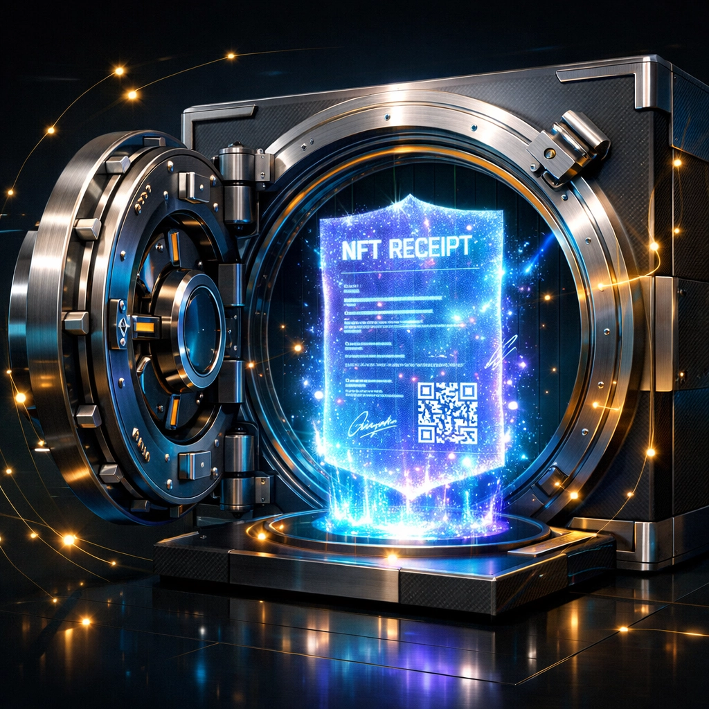 Secure digital vault showing an NFT receipt for self-custody crypto payments on Larecoin.ai.