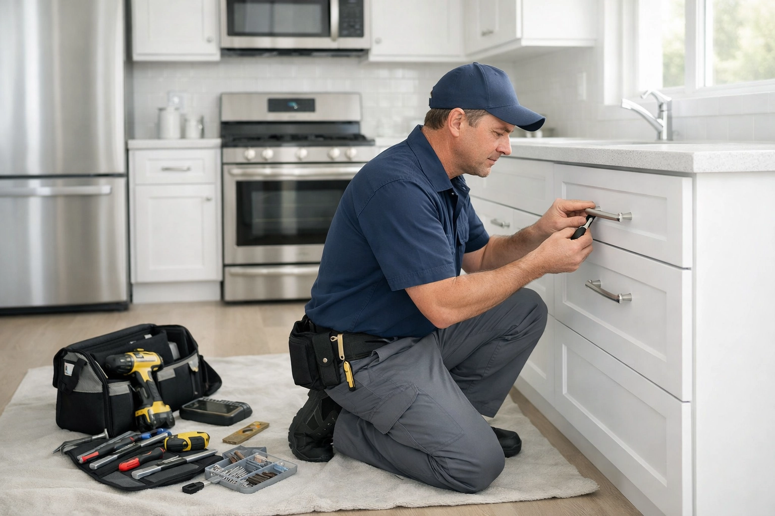 Maintenance technician installing cabinet hardware during apartment make-ready turnover