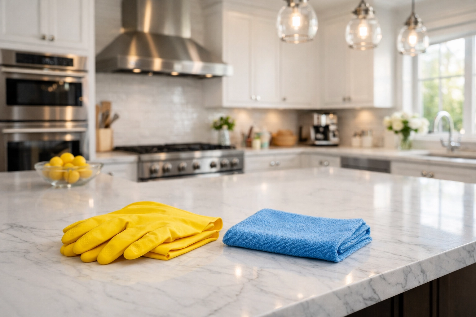 Tools for deep cleaning Worcester on a luxury marble kitchen island with yellow gloves and blue cloth.