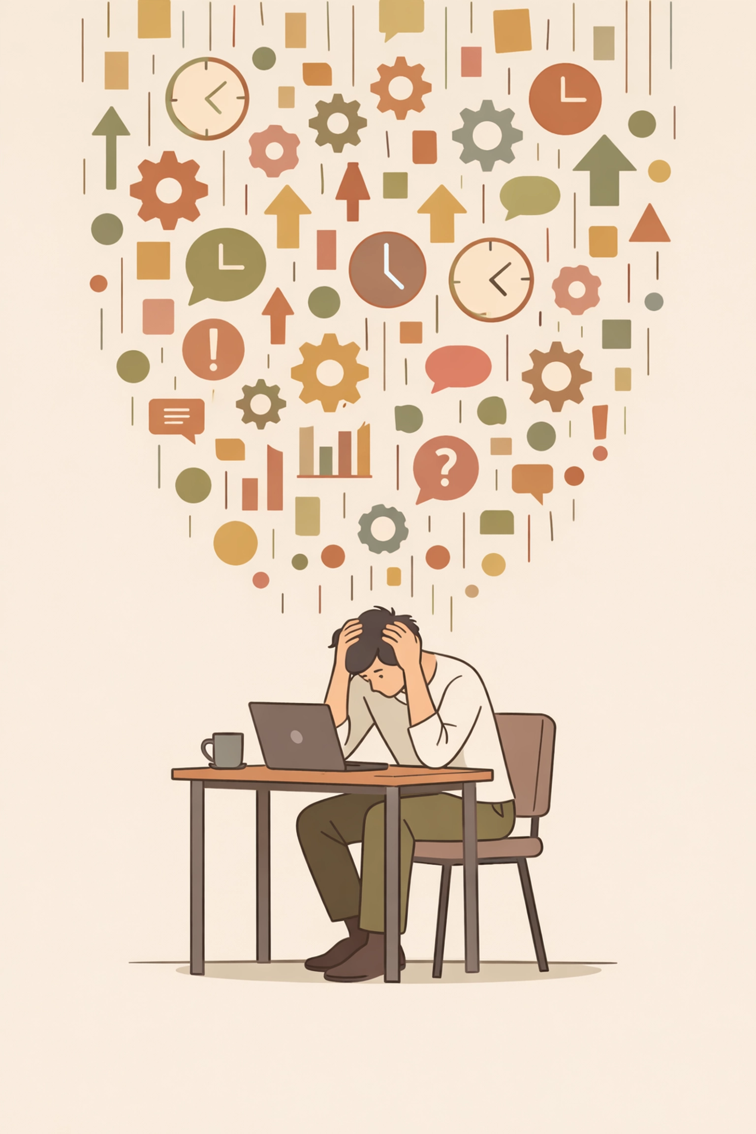 An overwhelmed worker at a desk with icons of gears and clocks falling, representing corporate AI noise.