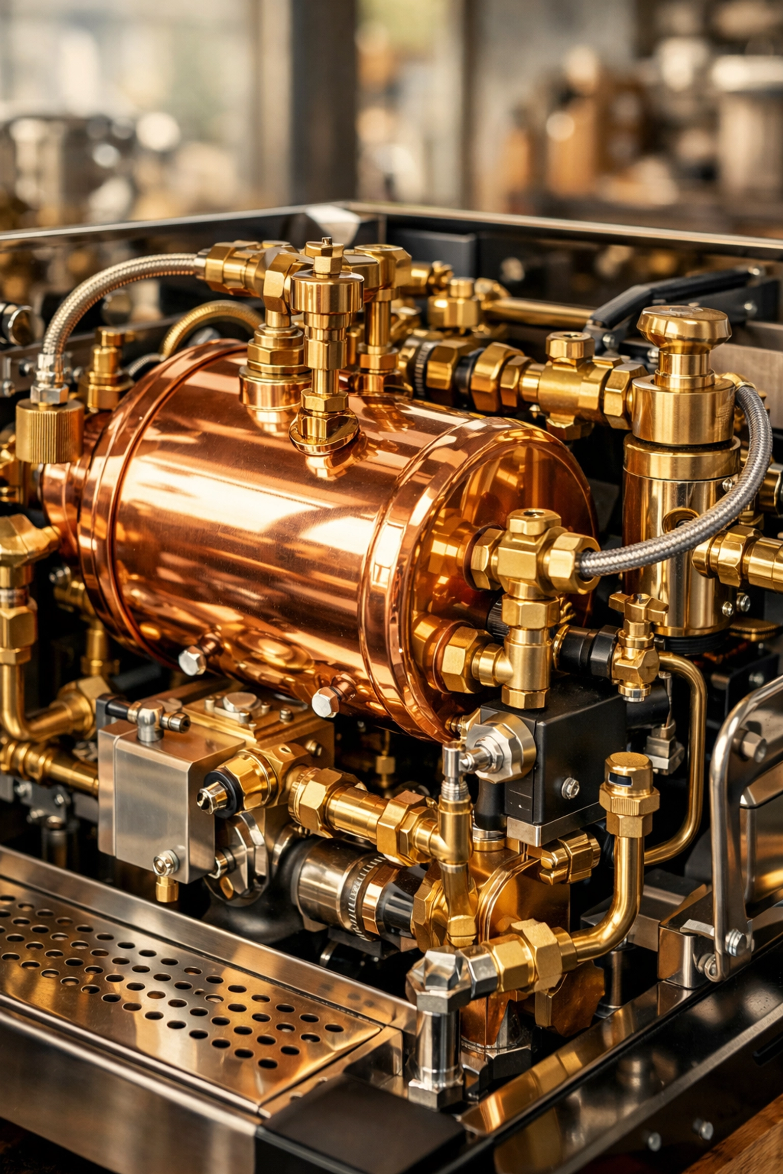 Internal copper boilers and brass piping of a high-end dual boiler espresso machine for a coffee shop set up.