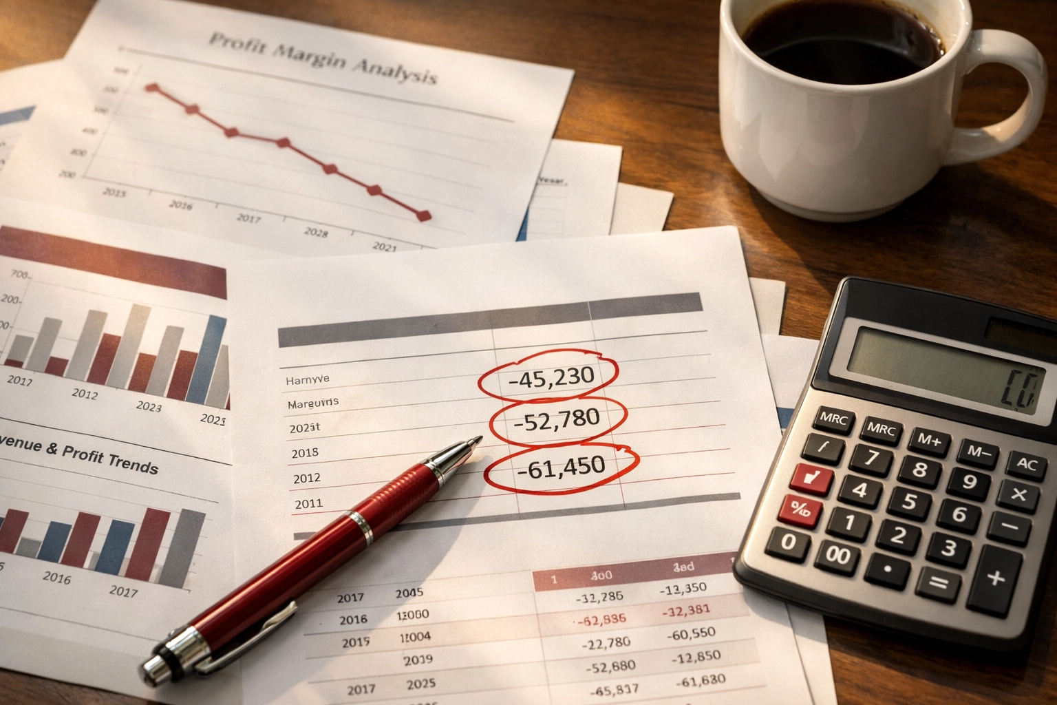 Financial documents showing declining profit margins and suspicious expenses circled in red